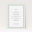 A wedding menu card called "Deco mint". It is an A5 menu in a portrait orientation. "Deco mint" is available as a flat menu, with tones of green and white.