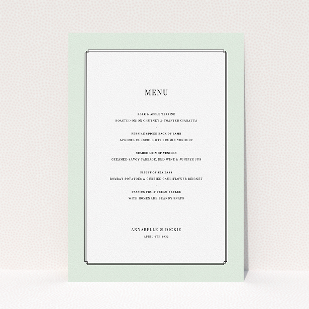 A wedding menu card called "Deco mint". It is an A5 menu in a portrait orientation. "Deco mint" is available as a flat menu, with tones of green and white.