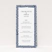 A wedding menu card design called "Diamond scratch". It is a tall (DL) menu in a portrait orientation. "Diamond scratch" is available as a flat menu, with tones of blue and white.