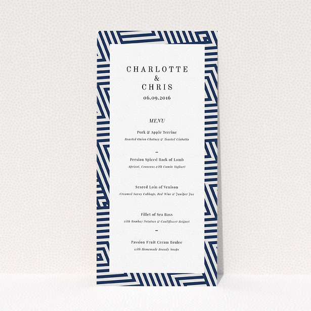 A wedding menu card design called "Diamond scratch". It is a tall (DL) menu in a portrait orientation. "Diamond scratch" is available as a flat menu, with tones of blue and white.