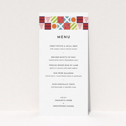 Wedding Menu Card Design - "Epsom" A wedding menu card design called "Epsom". It is a tall (DL) menu in a portrait orientation. "Epsom" is available as a flat menu, with tones of white, orange and blue.