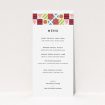 A wedding menu card design called "Epsom". It is a tall (DL) menu in a portrait orientation. "Epsom" is available as a flat menu, with tones of white, orange and blue.
