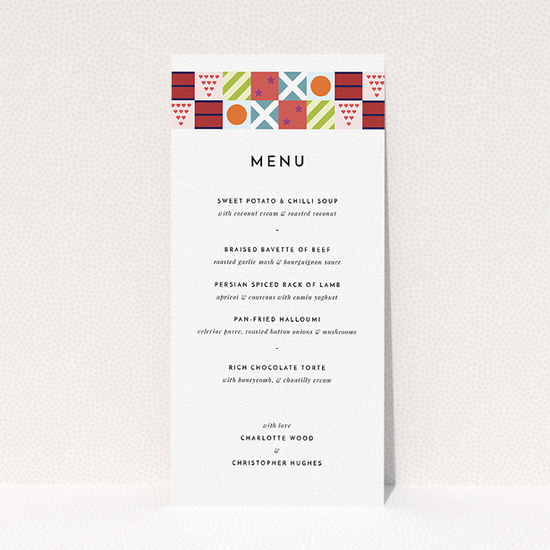 A wedding menu card design called "Epsom". It is a tall (DL) menu in a portrait orientation. "Epsom" is available as a flat menu, with tones of white, orange and blue.