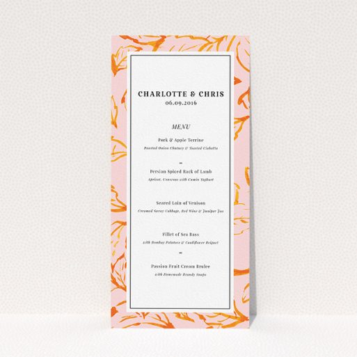 Wedding Menu Card Design - "Falling Foliage" A wedding menu card design called "Falling Foliage". It is a tall (DL) menu in a portrait orientation. "Falling Foliage" is available as a flat menu, with tones of pink and orange.