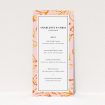 A wedding menu card design called "Falling Foliage". It is a tall (DL) menu in a portrait orientation. "Falling Foliage" is available as a flat menu, with tones of pink and orange.