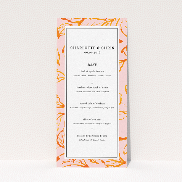 A wedding menu card design called "Falling Foliage". It is a tall (DL) menu in a portrait orientation. "Falling Foliage" is available as a flat menu, with tones of pink and orange.