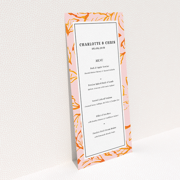 A wedding menu card design called "Falling Foliage". It is a tall (DL) menu in a portrait orientation. "Falling Foliage" is available as a flat menu, with tones of pink and orange.