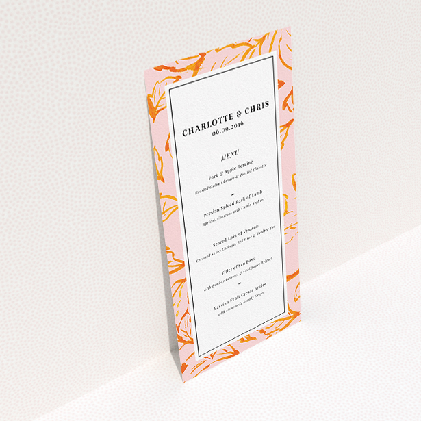 A wedding menu card design called "Falling Foliage". It is a tall (DL) menu in a portrait orientation. "Falling Foliage" is available as a flat menu, with tones of pink and orange.