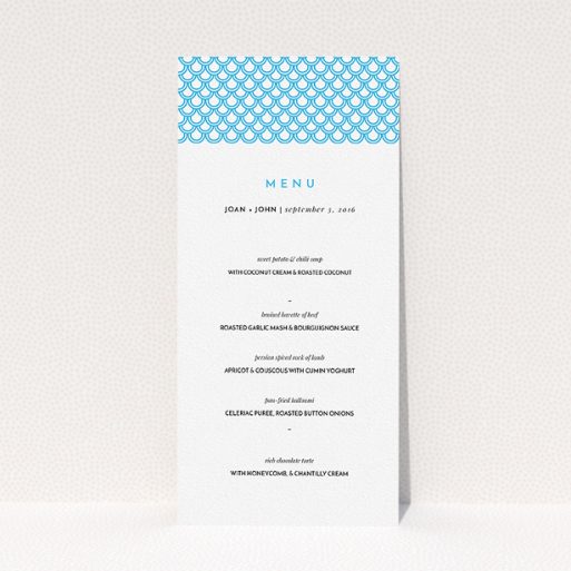 Wedding Reception Menu - From Japan (Light Blue) A wedding menu card template titled "From Japan". It is a tall (DL) menu in a portrait orientation. "From Japan" is available as a flat menu, with tones of blue and white.