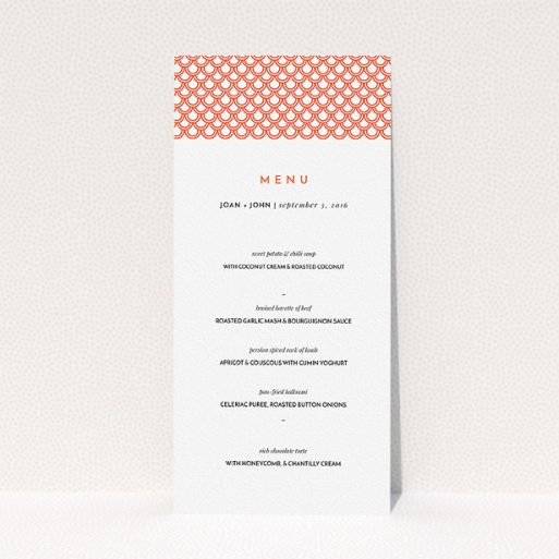 Wedding Reception Menu - From Japan (Orange) A wedding menu card called "From Japan". It is a tall (DL) menu in a portrait orientation. "From Japan" is available as a flat menu, with tones of orange and white.