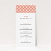 A wedding menu card called "From Japan". It is a tall (DL) menu in a portrait orientation. "From Japan" is available as a flat menu, with tones of orange and white.