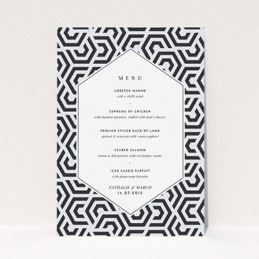 Wedding Menu Card Design - "Geometric corners" A wedding menu card design named "Geometric corners". It is an A5 menu in a portrait orientation. "Geometric corners" is available as a flat menu, with tones of blue and white.