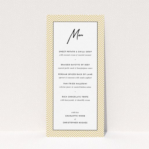 Wedding Menu Card Design - "Golden Lines" A wedding menu card design titled "Golden Lines". It is a tall (DL) menu in a portrait orientation. "Golden Lines" is available as a flat menu, with tones of gold, white and black.
