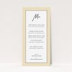 A wedding menu card design titled "Golden Lines". It is a tall (DL) menu in a portrait orientation. "Golden Lines" is available as a flat menu, with tones of gold, white and black.