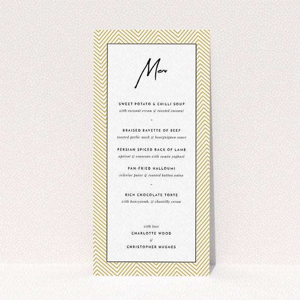 A wedding menu card design titled "Golden Lines". It is a tall (DL) menu in a portrait orientation. "Golden Lines" is available as a flat menu, with tones of gold, white and black.