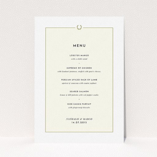 Wedding Menu Card Design - "Greco Topper" A wedding menu card called "Greco Topper". It is an A5 menu in a portrait orientation. "Greco Topper" is available as a flat menu, with mainly cream colouring.