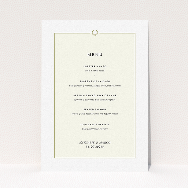 A wedding menu card called "Greco Topper". It is an A5 menu in a portrait orientation. "Greco Topper" is available as a flat menu, with mainly cream colouring.