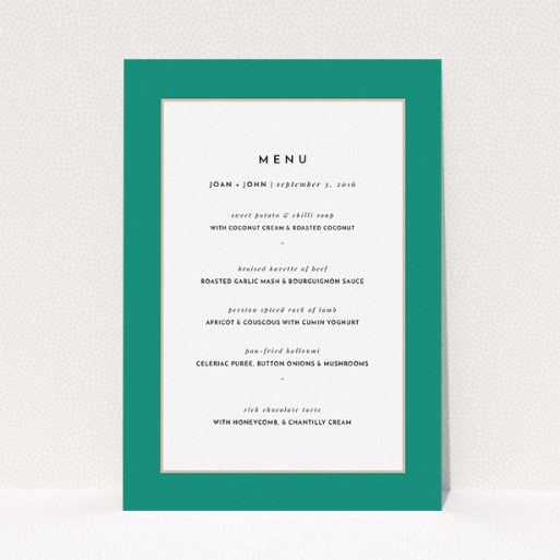 Wedding Menu Card Design - "Green/Salmon Flourish" A wedding menu card template titled "Green/Salmon Flourish". It is an A5 menu in a portrait orientation. "Green/Salmon Flourish" is available as a flat menu, with tones of green and white.