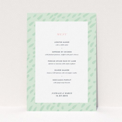 Wedding Menu Card Design - "Green Strokes" A wedding menu card design titled "Green Strokes". It is an A5 menu in a portrait orientation. "Green Strokes" is available as a flat menu, with tones of green and white.