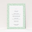 A wedding menu card design titled "Green Strokes". It is an A5 menu in a portrait orientation. "Green Strokes" is available as a flat menu, with tones of green and white.