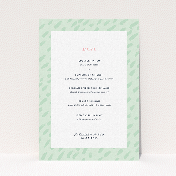 A wedding menu card design titled "Green Strokes". It is an A5 menu in a portrait orientation. "Green Strokes" is available as a flat menu, with tones of green and white.