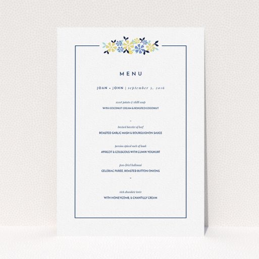 Wedding Menu Card Design - "In a border of flowers" A wedding menu card design titled "In a border of flowers". It is an A5 menu in a portrait orientation. "In a border of flowers" is available as a flat menu, with tones of white and blue.