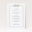 A wedding menu card design titled "In a border of flowers". It is an A5 menu in a portrait orientation. "In a border of flowers" is available as a flat menu, with tones of white and blue.