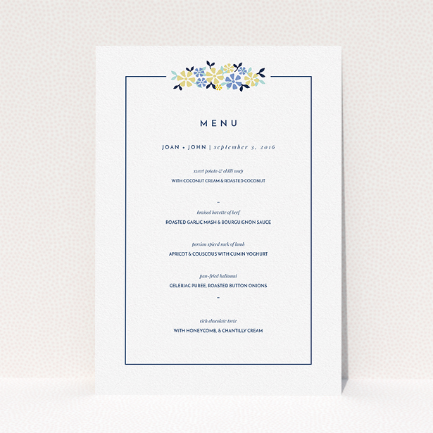 A wedding menu card design titled "In a border of flowers". It is an A5 menu in a portrait orientation. "In a border of flowers" is available as a flat menu, with tones of white and blue.