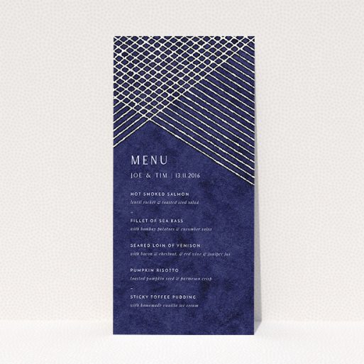 Wedding Menu Card Design - "In the Navy" A wedding menu card called "In the Navy". It is a tall (DL) menu in a portrait orientation. "In the Navy" is available as a flat menu, with tones of blue and white.
