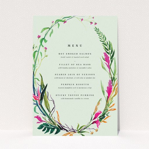 Wedding Menu Card Design - "Jungle collection" A wedding menu card template titled "Jungle collection". It is an A5 menu in a portrait orientation. "Jungle collection" is available as a flat menu, with tones of green, pink and orange.