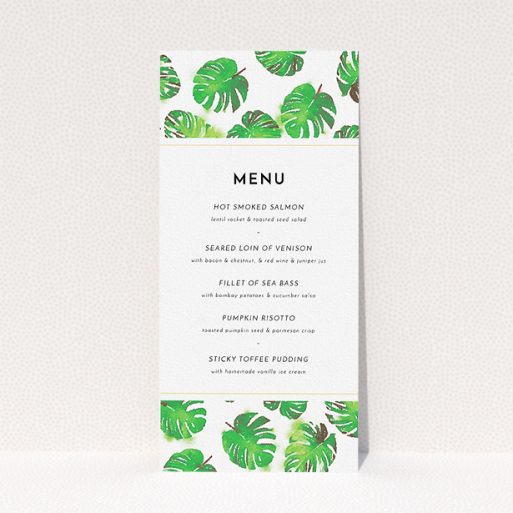Wedding Menu Card Design - "Jungle Sky" A wedding menu card template titled "Jungle Sky". It is a tall (DL) menu in a portrait orientation. "Jungle Sky" is available as a flat menu, with tones of green and white.