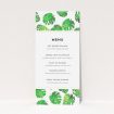 A wedding menu card template titled "Jungle Sky". It is a tall (DL) menu in a portrait orientation. "Jungle Sky" is available as a flat menu, with tones of green and white.