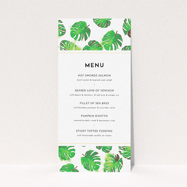 A wedding menu card template titled "Jungle Sky". It is a tall (DL) menu in a portrait orientation. "Jungle Sky" is available as a flat menu, with tones of green and white.