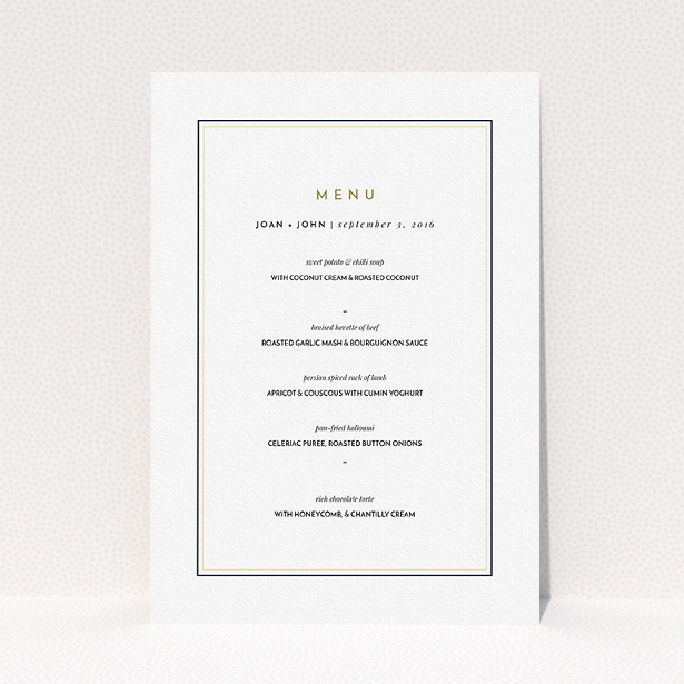 A wedding menu card design titled "Light Deco Border". It is an A5 menu in a portrait orientation. "Light Deco Border" is available as a flat menu, with tones of white and gold.