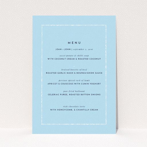 Wedding Menu Card Design - "Living Border" A wedding menu card design named "Living Border". It is an A5 menu in a portrait orientation. "Living Border" is available as a flat menu, with tones of blue and white.