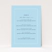 A wedding menu card design named "Living Border". It is an A5 menu in a portrait orientation. "Living Border" is available as a flat menu, with tones of blue and white.