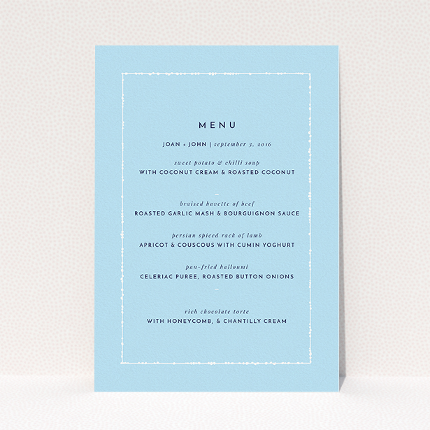 A wedding menu card design named "Living Border". It is an A5 menu in a portrait orientation. "Living Border" is available as a flat menu, with tones of blue and white.