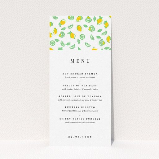 Wedding Menu Card Design - "Madeira" A wedding menu card design named "Madeira". It is a tall (DL) menu in a portrait orientation. "Madeira" is available as a flat menu, with tones of green and yellow.
