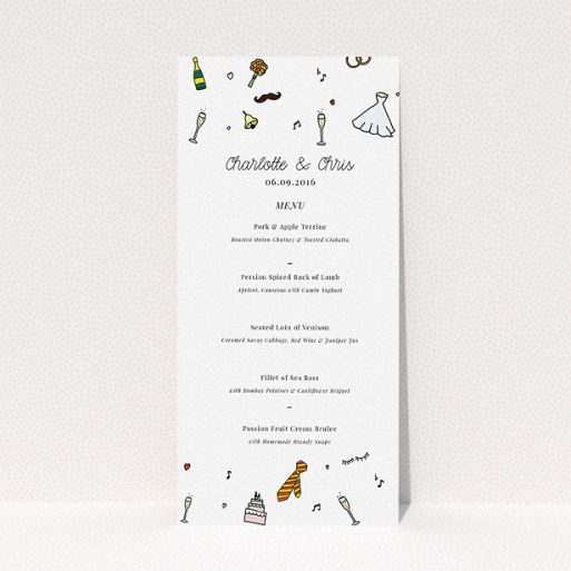 Wedding Menu Card Design - "Matrimonial Doodles" A wedding menu card called "Matrimonial Doodles". It is a tall (DL) menu in a portrait orientation. "Matrimonial Doodles" is available as a flat menu, with tones of white and red.