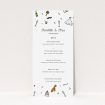 A wedding menu card called "Matrimonial Doodles". It is a tall (DL) menu in a portrait orientation. "Matrimonial Doodles" is available as a flat menu, with tones of white and red.