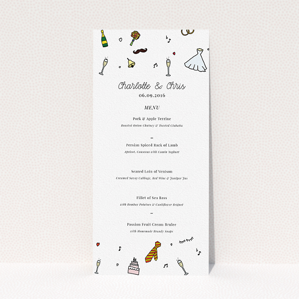 A wedding menu card called "Matrimonial Doodles". It is a tall (DL) menu in a portrait orientation. "Matrimonial Doodles" is available as a flat menu, with tones of white and red.
