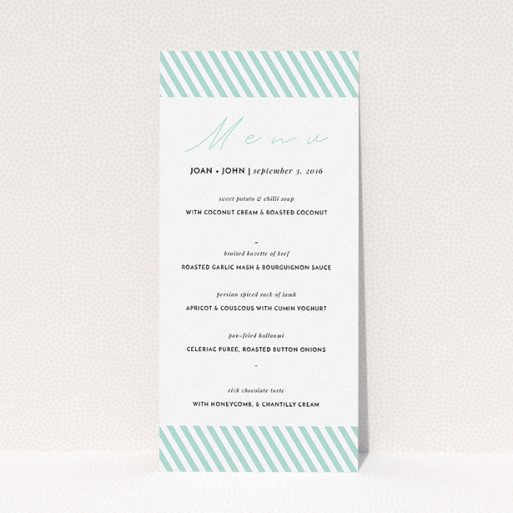 Wedding Menu Card Design - "Mint Diagonals" A wedding menu card named "Mint Diagonals". It is a tall (DL) menu in a portrait orientation. "Mint Diagonals" is available as a flat menu, with tones of green and white.