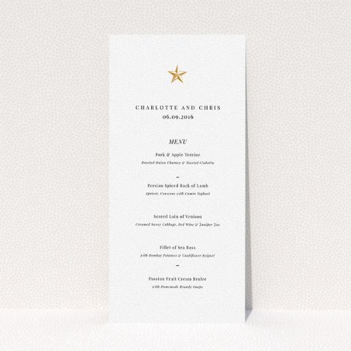 Wedding Reception Menu - North Star (Gold) A wedding menu card template titled "North Star". It is a tall (DL) menu in a portrait orientation. "North Star" is available as a flat menu, with tones of white and gold.