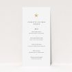 A wedding menu card template titled "North Star". It is a tall (DL) menu in a portrait orientation. "North Star" is available as a flat menu, with tones of white and gold.