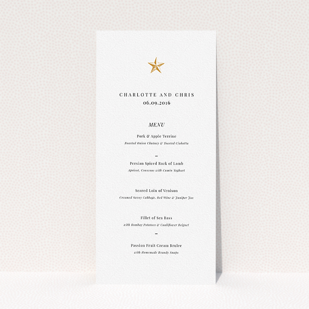 A wedding menu card template titled "North Star". It is a tall (DL) menu in a portrait orientation. "North Star" is available as a flat menu, with tones of white and gold.