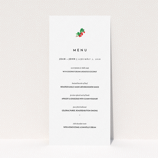 A wedding menu card called "Oil Berries". It is a tall (DL) menu in a portrait orientation. "Oil Berries" is available as a flat menu, with tones of white and green.