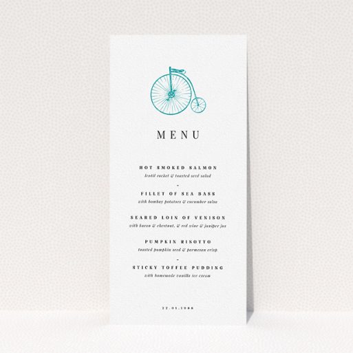 Wedding Menu Card Design - "On your bike new" A wedding menu card called "On your bike new". It is a tall (DL) menu in a portrait orientation. "On your bike new" is available as a flat menu, with tones of white and blue.