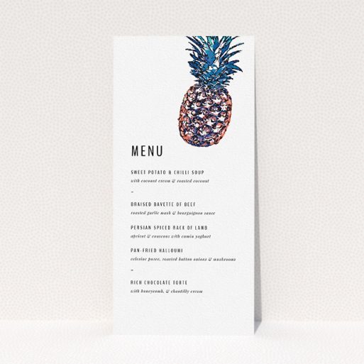 Wedding Menu Card Design - "One little pineapple" A wedding menu card template titled "One little pineapple". It is a tall (DL) menu in a portrait orientation. "One little pineapple" is available as a flat menu, with tones of white and green.