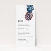 A wedding menu card template titled "One little pineapple". It is a tall (DL) menu in a portrait orientation. "One little pineapple" is available as a flat menu, with tones of white and green.