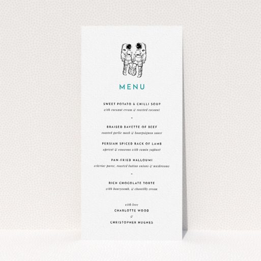 Wedding Menu Card Design - "One small step" A wedding menu card design titled "One small step". It is a tall (DL) menu in a portrait orientation. "One small step" is available as a flat menu, with tones of white and green.